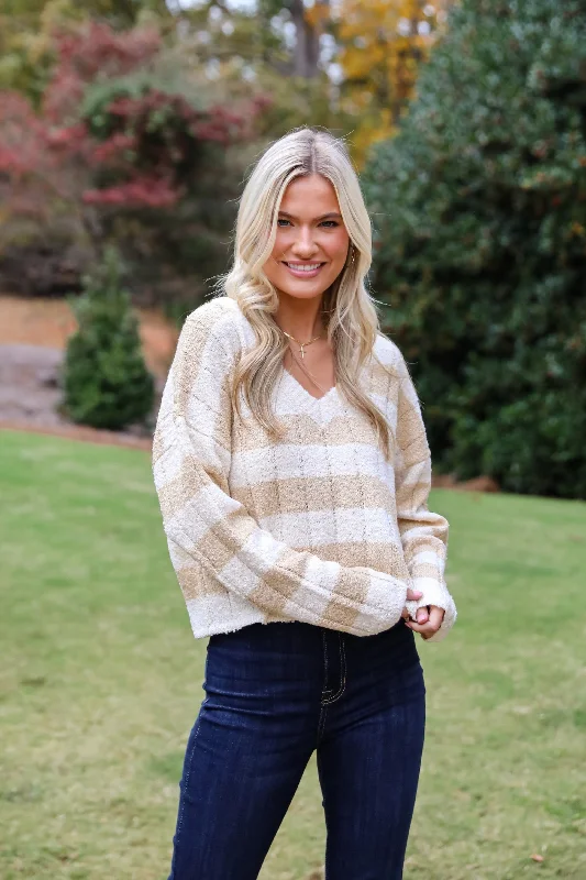 FINAL SALE - Perfect Mix Cream Striped Sweater High Neck Crew Neck V-Neck