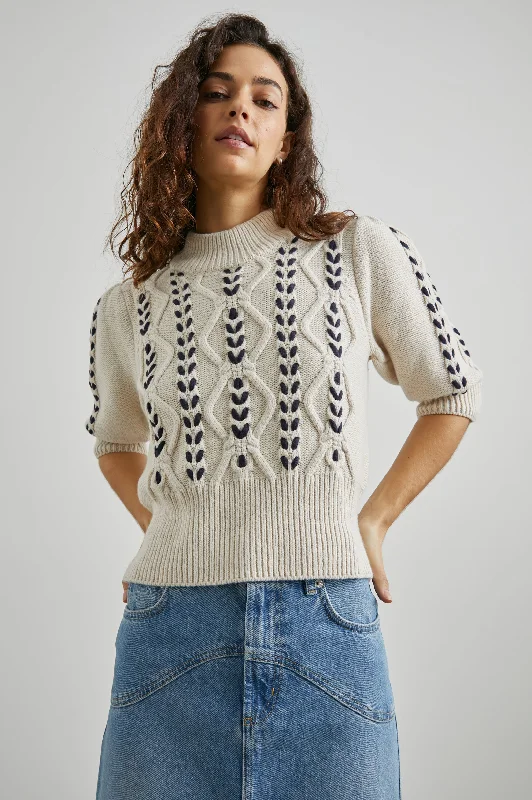 ADDY SWEATER - OATMEAL NAVY CABLES Beaded Sweater Sequined Faux Fur