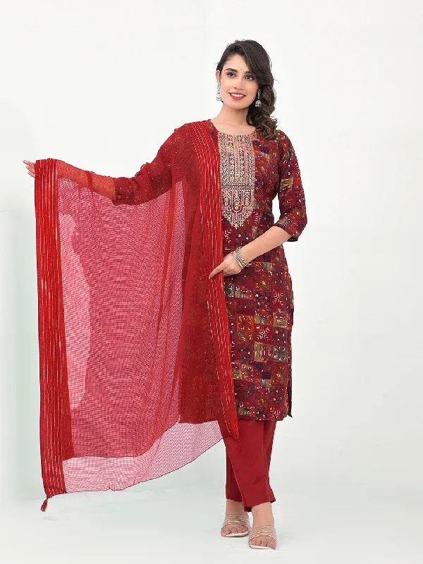 Maroon Designer Readymade Pant Suit With Printed Embroidery Work Fashionable Tapered Leg Pants Maroon Designer Readymade Pant Suit With Printed Embroidery Work Fashionable Tapered Leg Pants