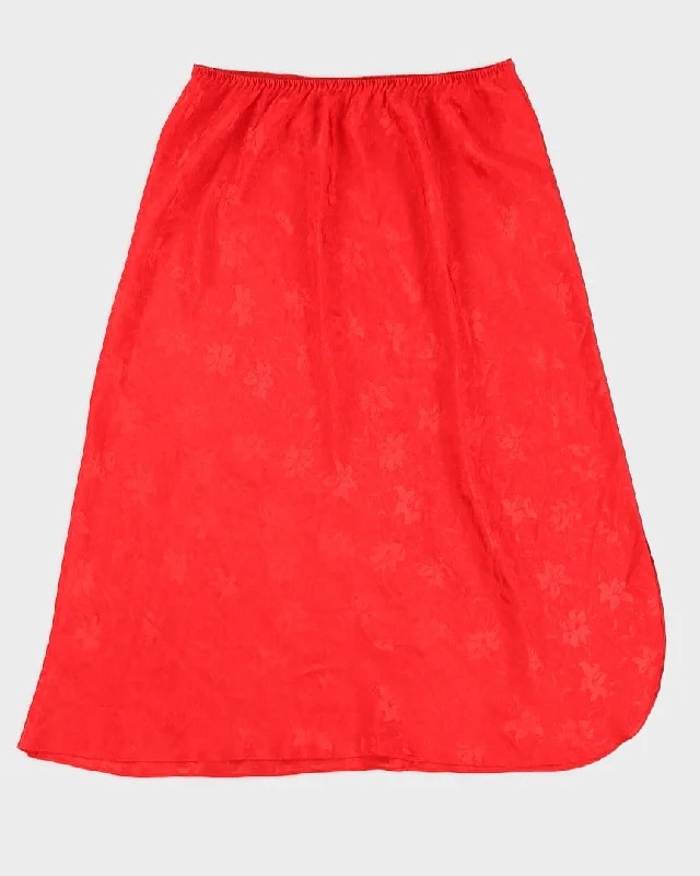 Vintage Red Floral Sateen Slip Skirt - M silk skirt lustrous