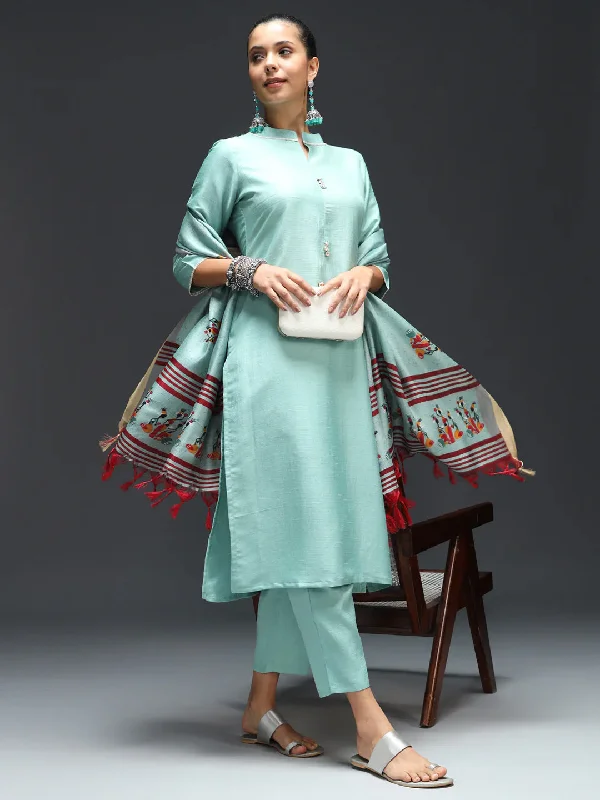 Sky Blue Designer Pant Suit With Embroidery Work Modern Stretch Trousers