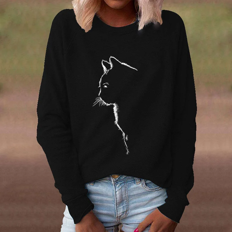 Cat Creative Printing Round Neck Long Sleeve Sweater For Women Transparent Opaque Sheer