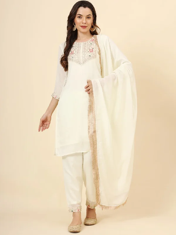 Off White Designer Looking Readymade Pant Suit With Embroidery Work Cozy Full-Length Pants Off White Designer Looking Readymade Pant Suit With Embroidery Work Cozy Full-Length Pants