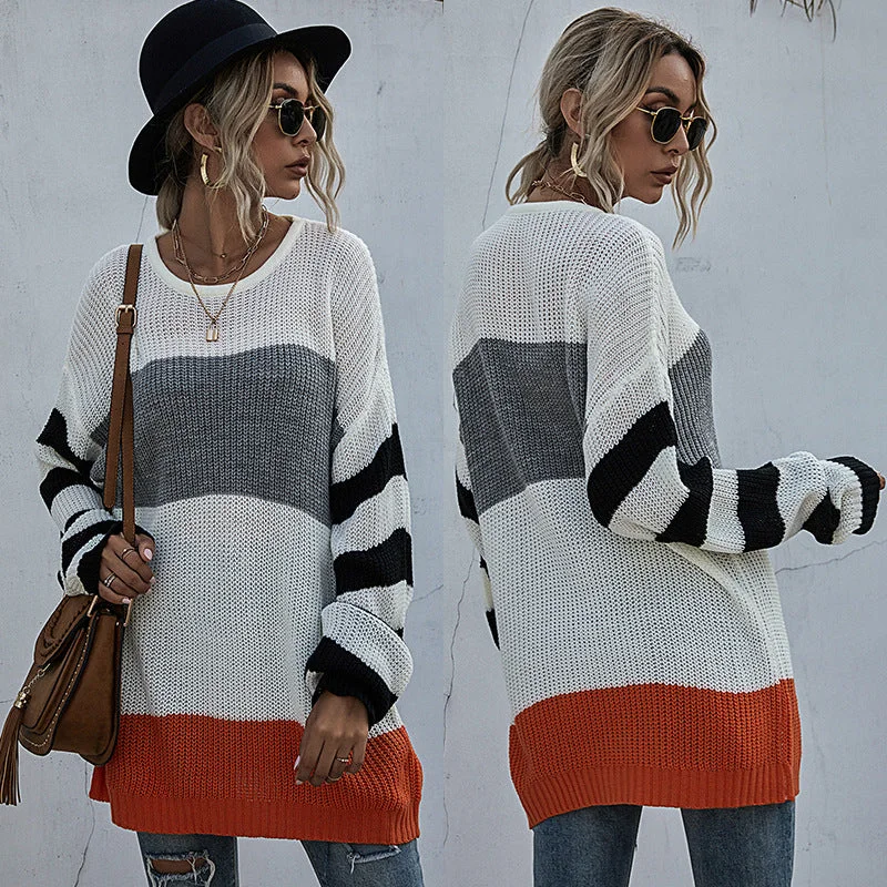 Chic Striped Knitted Sweater: Effortless Elegance Glossy Satin Silk