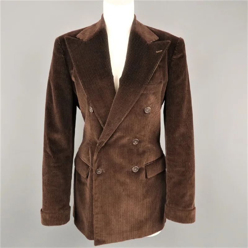 RALPH LAUREN Size 8 Brown Corduroy Double Breasted Peak Lapel Jacket A-Line Jacket Boat Neck Shawl Collar RALPH LAUREN Size 8 Brown Corduroy Double Breasted Peak Lapel Jacket A-Line Jacket Boat Neck Shawl Collar