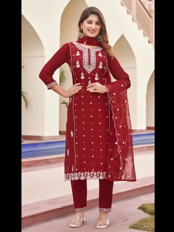 Maroon Designer Function Wear Readymade Pant Suit With Embroidery Work Stylish Slim Trousers Maroon Designer Function Wear Readymade Pant Suit With Embroidery Work Stylish Slim Trousers