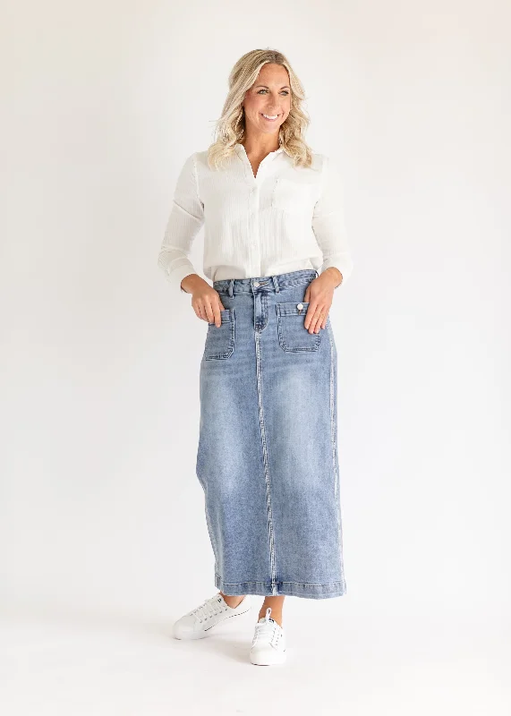 Elin Front Pocket Maxi Skirt denim skirt casual