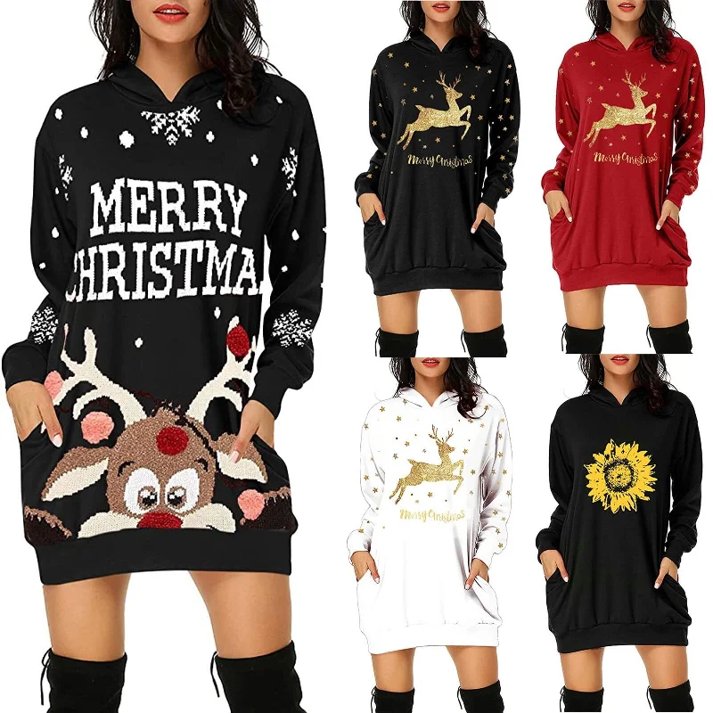 Christmas hot sale printed mid-length pocket hooded long-sleeved sweater Chenille Brocade Lace