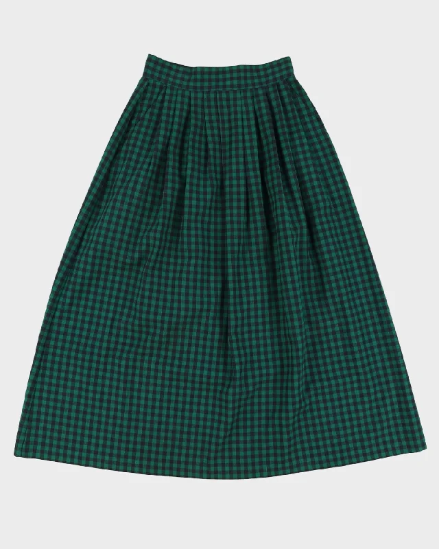 1990s Green And Navy Checked Pleated Midi Skirt - S high slit skirt