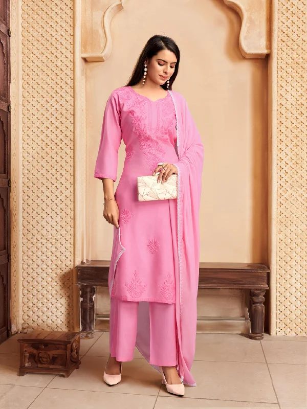 Pink Designer Readymade Pant Suit With Lacknowi Chikankari Embroidery Work Comfortable Pleated Pants Pink Designer Readymade Pant Suit With Lacknowi Chikankari Embroidery Work Comfortable Pleated Pants