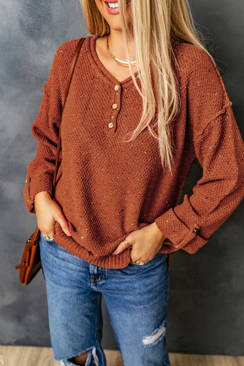 Henley Rainbow Speckled Sweater - Rust Transparent Opaque Sheer