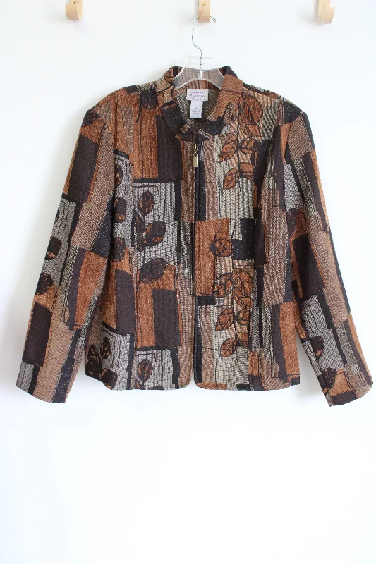 Renaissance Leaf Patterned Textured Brown Zip Up Jacket | XL Nylon Fabric Polyester Fabric Spandex Fabric Renaissance Leaf Patterned Textured Brown Zip Up Jacket | XL Nylon Fabric Polyester Fabric Spandex Fabric