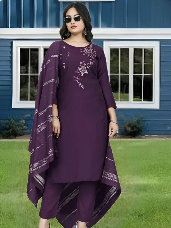 Purple Heavy Roman Silk Trendy Readymade Pant Suit With Printed Embroidery Work Casual Track Pants Purple Heavy Roman Silk Trendy Readymade Pant Suit With Printed Embroidery Work Casual Track Pants