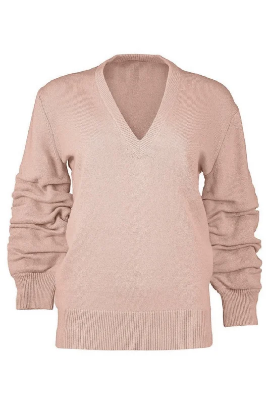 Crushed Sleeve Sweater - Nude Spandex Blend Rayon Blend Denim Blend