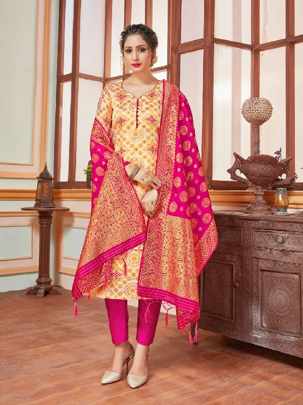 Cream Banarasi Silk Pant Suit With Wevon Design Warm Wool Trousers