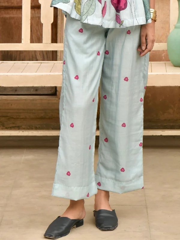 Vivid Sky Blue Silk High-Waist Straight Pants Chic Wool Trousers