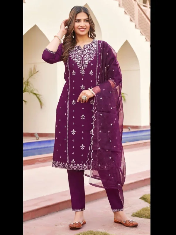Purple Designer Function Wear Readymade Pant Suit With Embroidery Work Modern Stretch Trousers Purple Designer Function Wear Readymade Pant Suit With Embroidery Work Modern Stretch Trousers