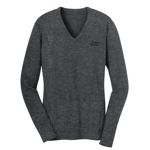 Fine Gauge V Neck Sweater - Gray Lace Blend Ribbed Blend Corduroy Blend