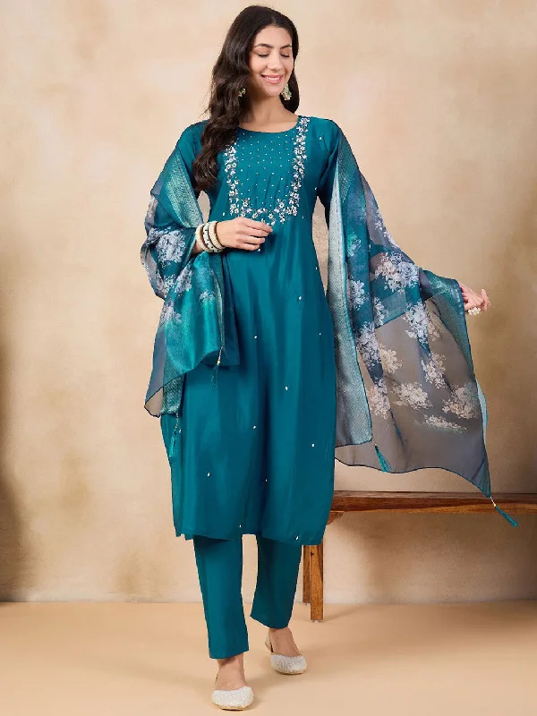 Teal Attractive Designer Readymade Pant Suit With Printed Embroidery Work Comfortable Wide-Leg Pants Teal Attractive Designer Readymade Pant Suit With Printed Embroidery Work Comfortable Wide-Leg Pants