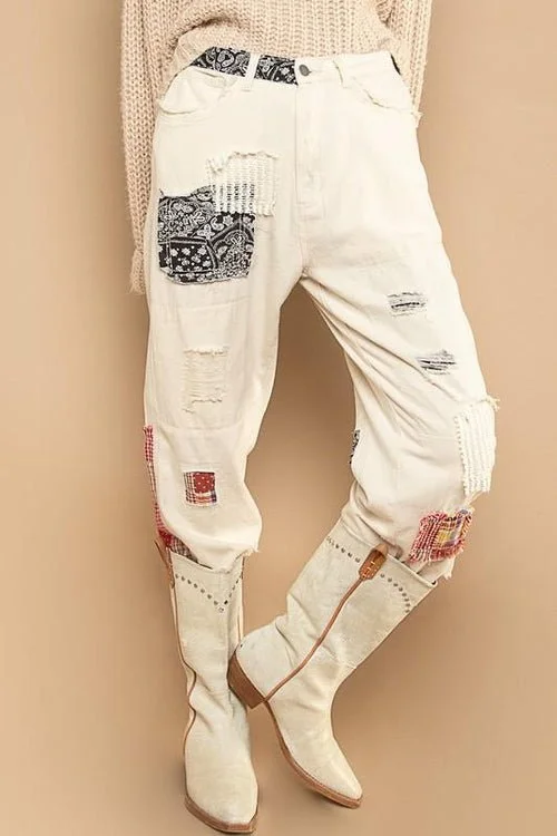Cream Patchwork Pants Formal Stretch Pants