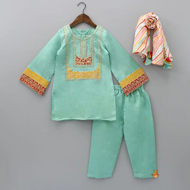 Pre Order: Embroidered Green Kurti And Pant With Striped Multicolour Dupatta Relaxed High-Waist Trousers Pre Order: Embroidered Green Kurti And Pant With Striped Multicolour Dupatta Relaxed High-Waist Trousers