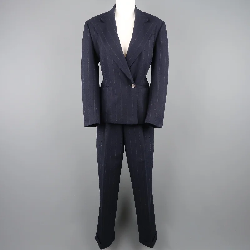 RALPH LAUREN Size 8 Navy Chalkstripe Wool Pleated Peak Lapel Jacket Pants Suit Striped Jacket Polka Dot Jacket Floral Jacket RALPH LAUREN Size 8 Navy Chalkstripe Wool Pleated Peak Lapel Jacket Pants Suit Striped Jacket Polka Dot Jacket Floral Jacket
