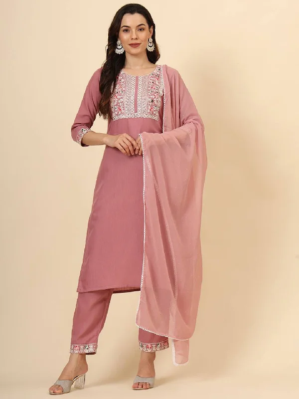 Pink Trendy Designer Readymade Pant Suit With Embroidery Work Classic Straight Pants