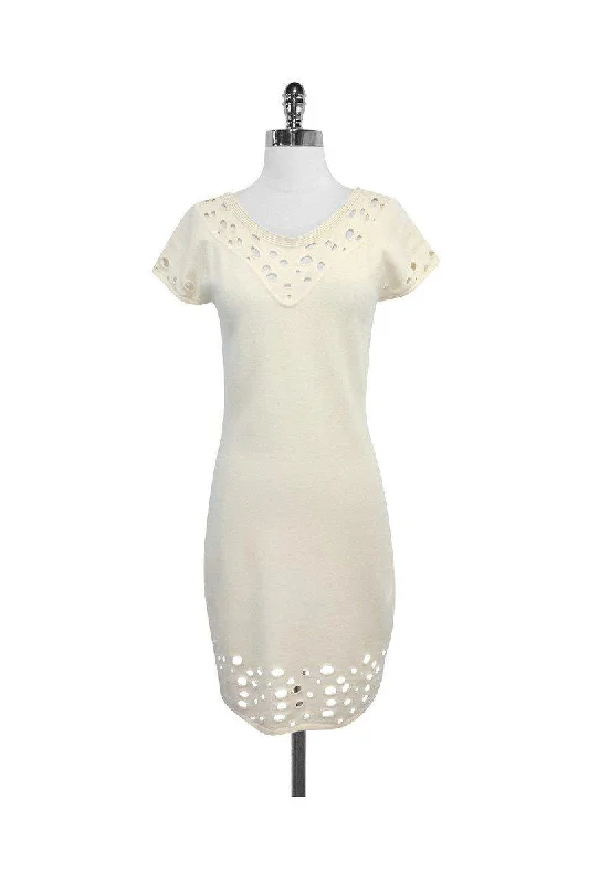 Catherine Malandrino - Cream Wool & Cashmere Sweater Dress Sz M Solid Color Striped Floral Print