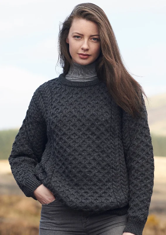 Aran Crew Neck Merino Sweater | Charcoal Silk Blend Satin Velvet