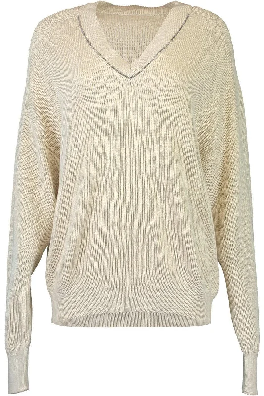 Monili Trim Vneck Sweater Real Fur Shearling Chenille