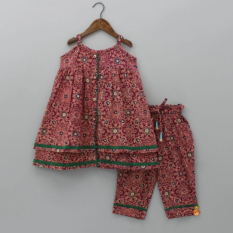Printed Red Layered Tunic Top With Pant Casual Wide Pants