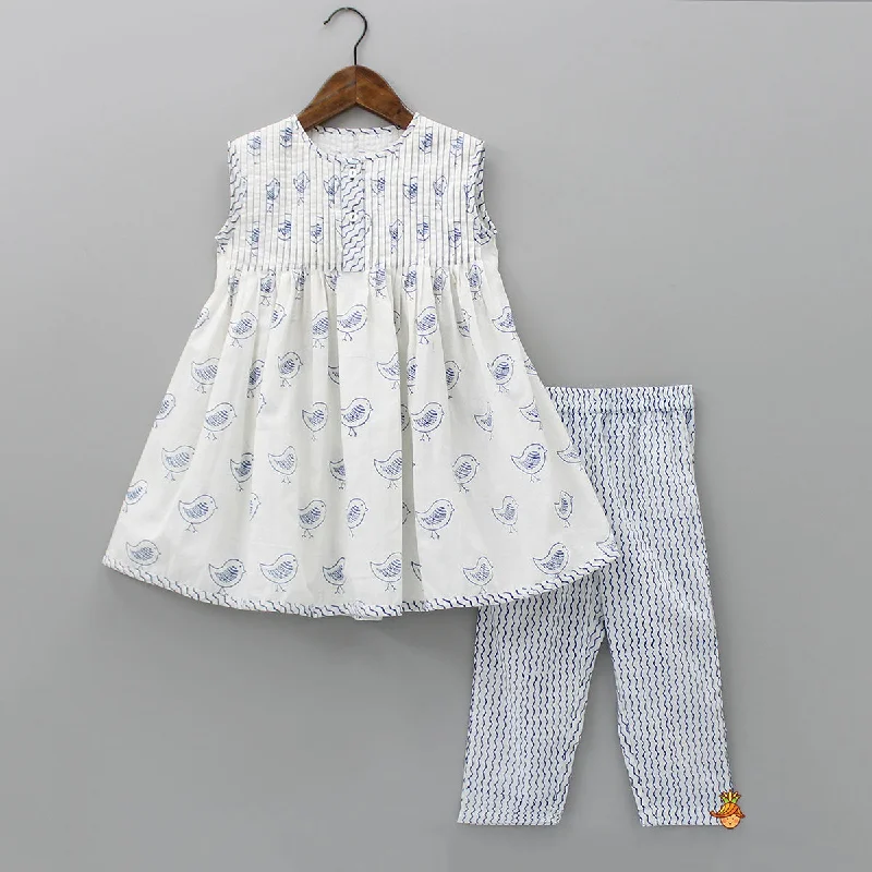Pin Tuck Detail Yoke Hand Block Bird Printed Kurti And Pant Trendy Wide-Leg Pants