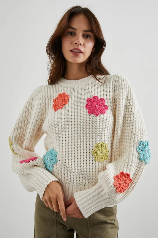 ROMY SWEATER - IVORY MULTI DAISIES Sequined Glittery Shiny