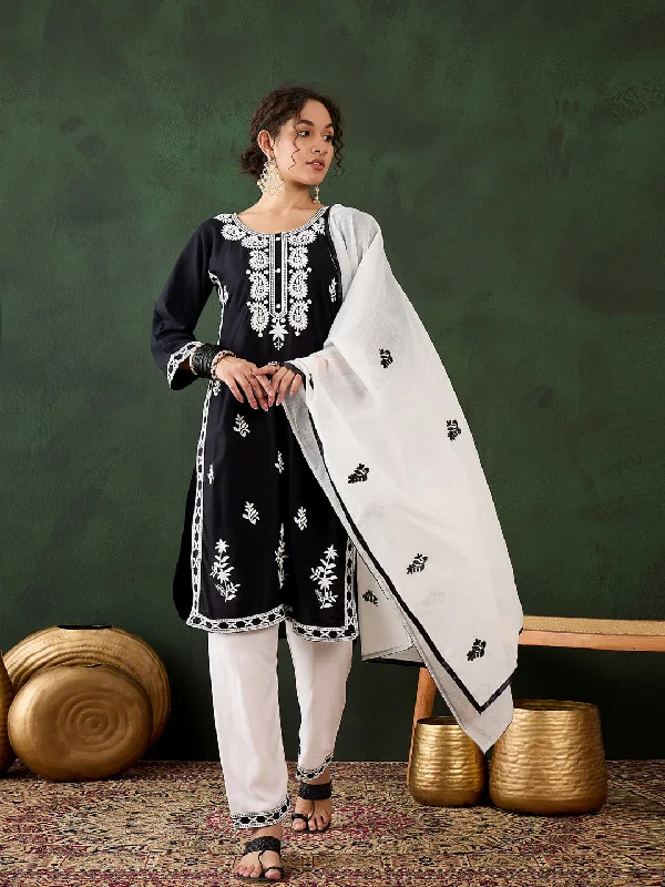 Black Attractive Looking Pant Suit With Designer Chikankari Embroidery Work Elegant Trouser Pants Black Attractive Looking Pant Suit With Designer Chikankari Embroidery Work Elegant Trouser Pants