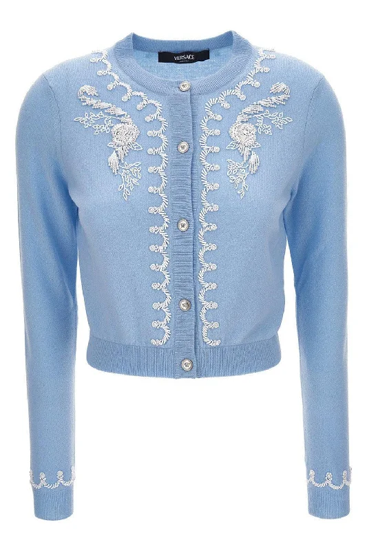 Embroidered Knit Sweater Glossy Satin Silk