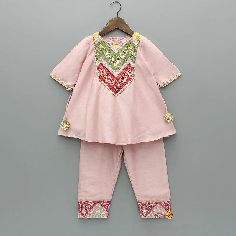 Pre Order: Embroidered Yoke Tassels Enhanced Pink Kurti And Pant Formal Linen Trousers Pre Order: Embroidered Yoke Tassels Enhanced Pink Kurti And Pant Formal Linen Trousers
