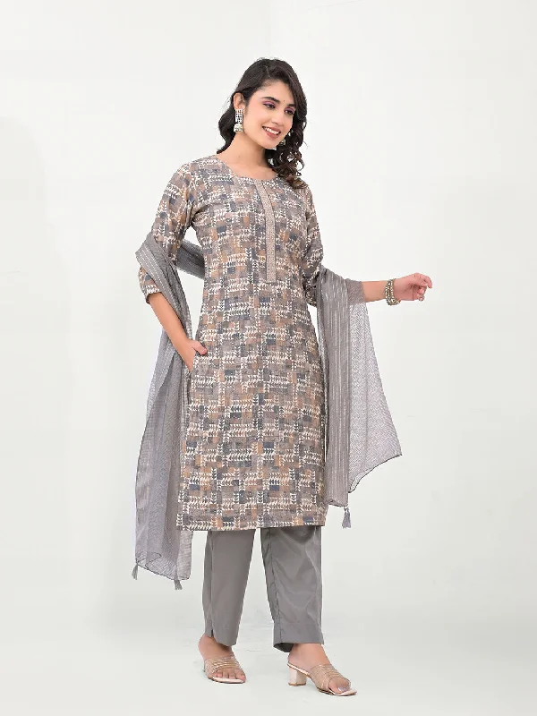 Grey Designer Readymade Pant Suit With Printed Embroidery Work Stylish Elastic Waist Pants Grey Designer Readymade Pant Suit With Printed Embroidery Work Stylish Elastic Waist Pants
