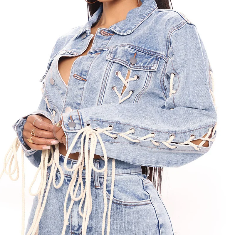 Women'S Fashion Strapping Denim Jacket Stand-Up Collar Roll-Neck Collar Turtle Neck