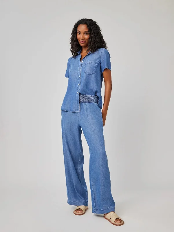 Smocked Waist Wide Leg Pant - Moonlit Haze Wash Chic Wool Trousers