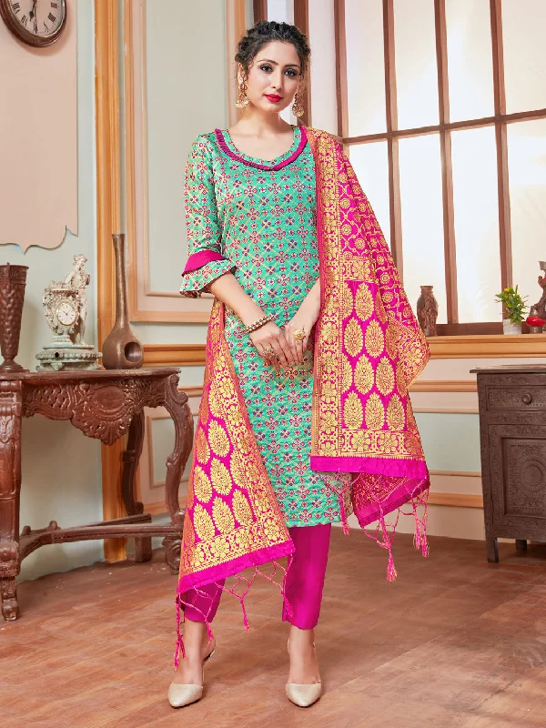 Teal Banarasi Silk Pant Suit With Wevon Design Cozy Knit Pants