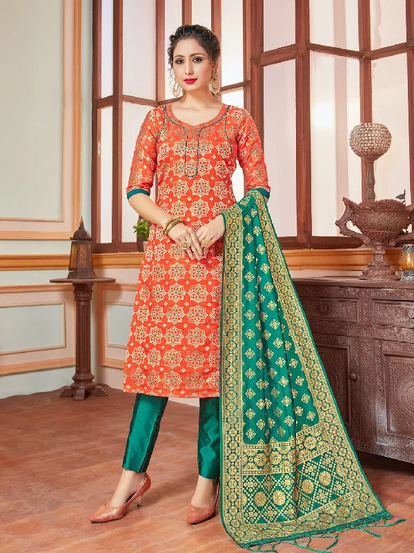 Orange Banarasi Silk Pant Suit With Wevon Design Classic Flared Pants