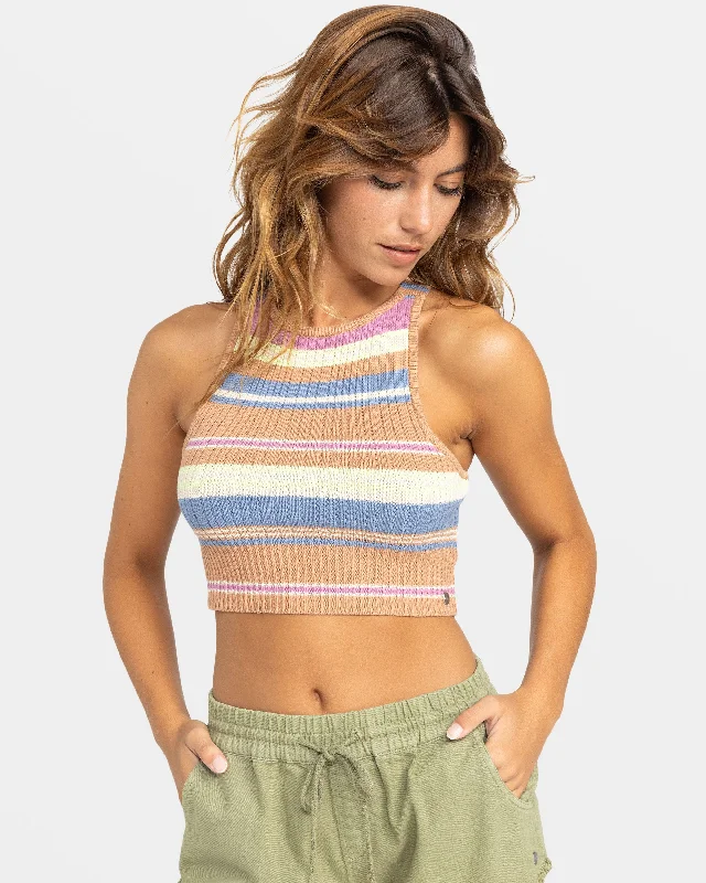Fresh Moon Cropped Sweater Top - Camel Swithbackstripe Sweaters Houndstooth Herringbone Solid