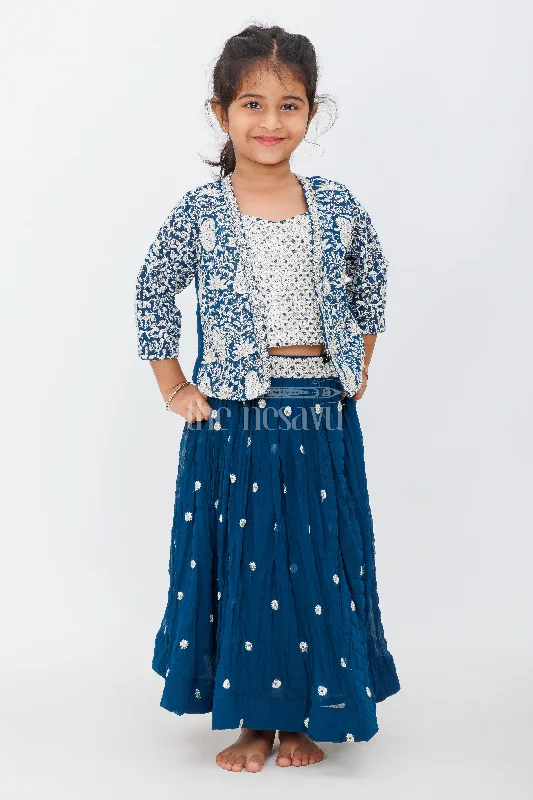 Girls Lehenga Choli Set in Blue with Embroidered Jacket and Paisley Floral Motifs Tailored Jacket Straight Jacket A-Line Jacket Girls Lehenga Choli Set in Blue with Embroidered Jacket and Paisley Floral Motifs Tailored Jacket Straight Jacket A-Line Jacket