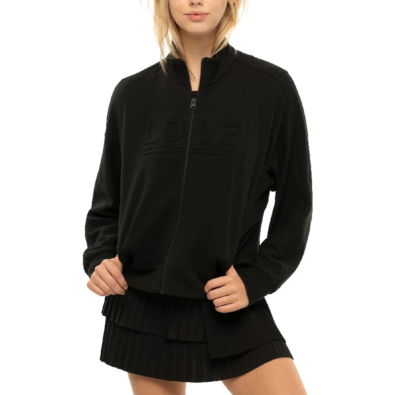 Lucky in Love Love In Action French Terry Black Womens Tennis Jacket Front Pockets Side Pockets Patch Pockets Lucky in Love Love In Action French Terry Black Womens Tennis Jacket Front Pockets Side Pockets Patch Pockets