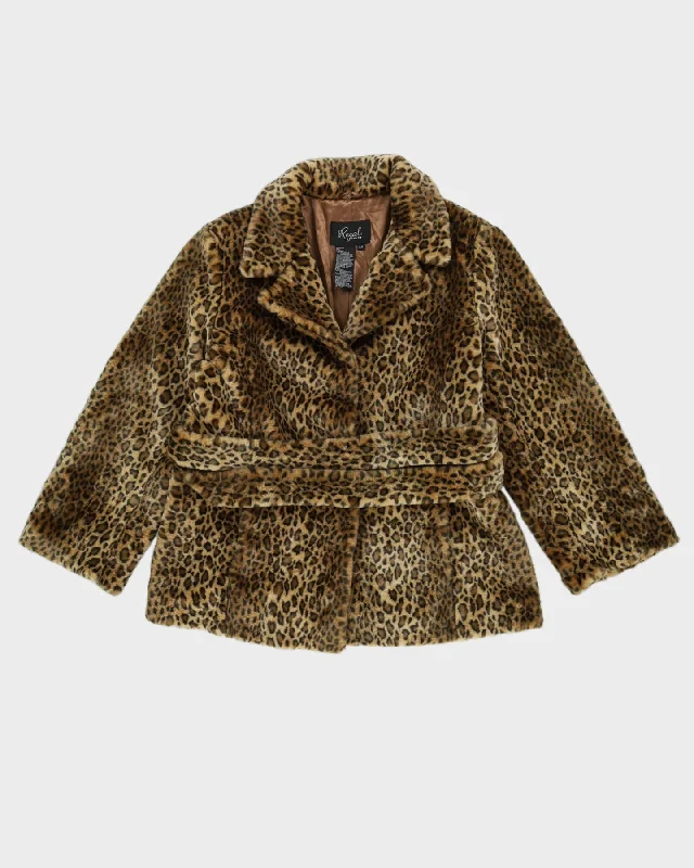 Y2K Leopard Print Faux Fur Jacket - L Trench Coat Raincoat Waterproof Jacket