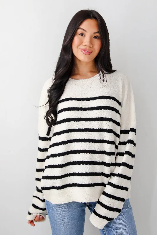 FINAL SALE - Delightful Weather Cream Striped Fuzzy Knit Sweater Hooded Sweater Collared Sweater Shawl Collar FINAL SALE - Delightful Weather Cream Striped Fuzzy Knit Sweater Hooded Sweater Collared Sweater Shawl Collar