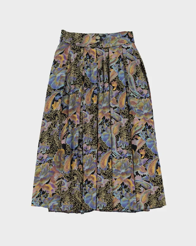 1990s Blue Patterned Midi Skirt - S belted skirt waist