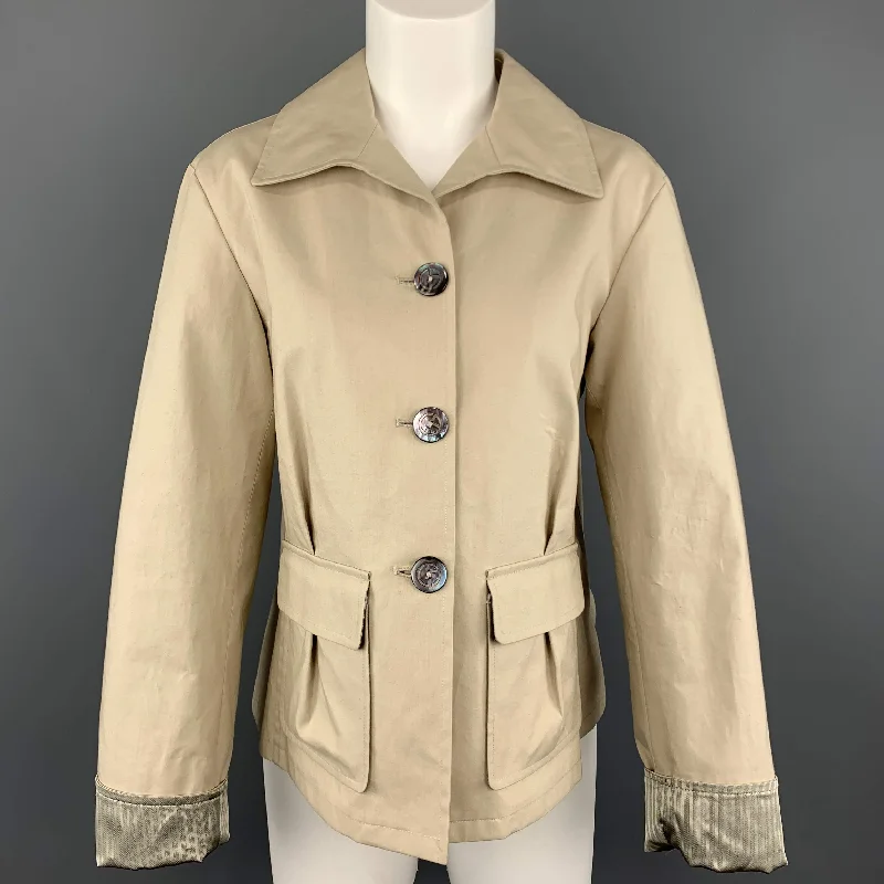 GIORGIO ARMANI Size 6 Khaki Cotton Blend Patch Pocket Jacket Ribbed Jacket Pleated Jacket Ruffled Jacket GIORGIO ARMANI Size 6 Khaki Cotton Blend Patch Pocket Jacket Ribbed Jacket Pleated Jacket Ruffled Jacket