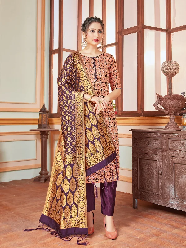 Peach Banarasi Silk Pant Suit With Wevon Design Stylish Harem Pants