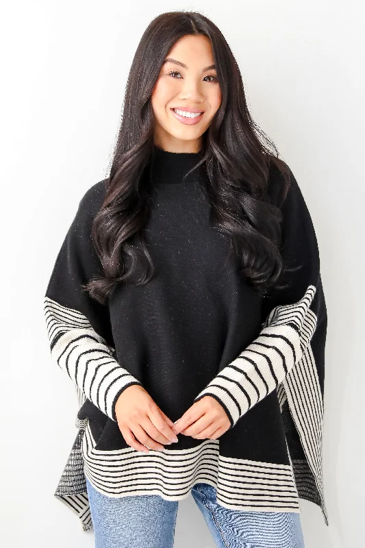 FINAL SALE - Cultivated Essential Black Striped Sweater Poncho High Neck Crew Neck V-Neck FINAL SALE - Cultivated Essential Black Striped Sweater Poncho High Neck Crew Neck V-Neck